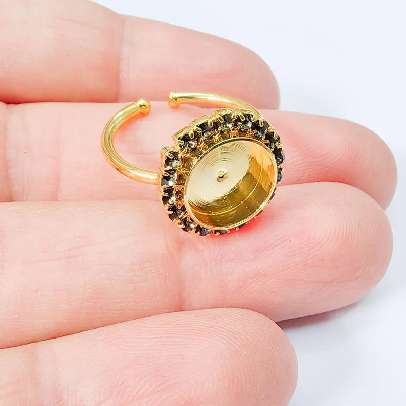 Ring Blank with Dark Navy Blue Crystals, Ring Bezel Setting Cabochon Resin Mounting Shiny Gold Plated Brass Adjustable Ring (10mm) G37956