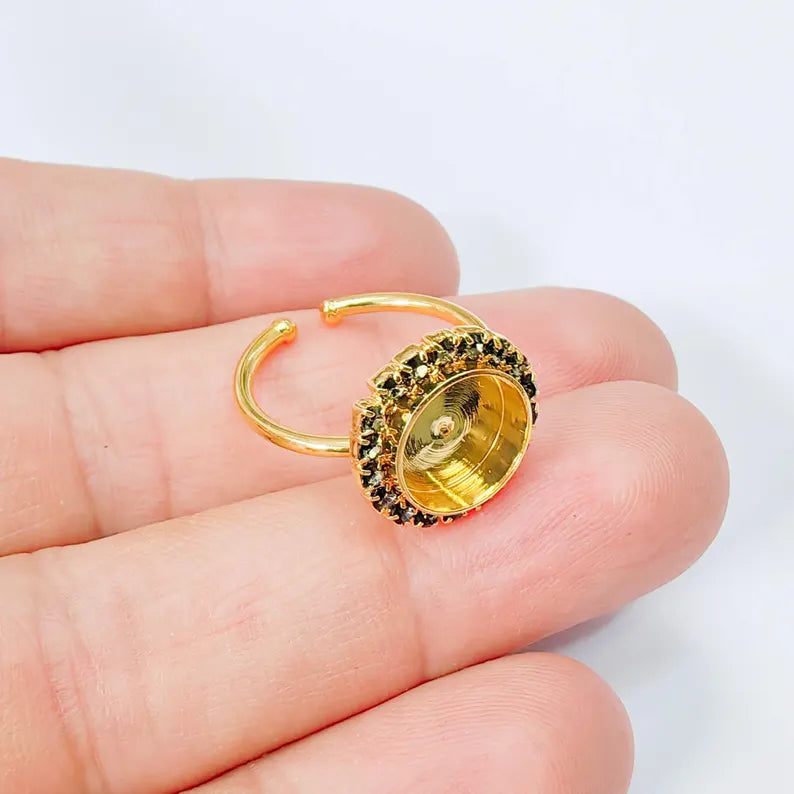 Ring Blank with Dark Navy Blue Crystals, Ring Bezel Setting Cabochon Resin Mounting Shiny Gold Plated Brass Adjustable Ring (10mm) G37956