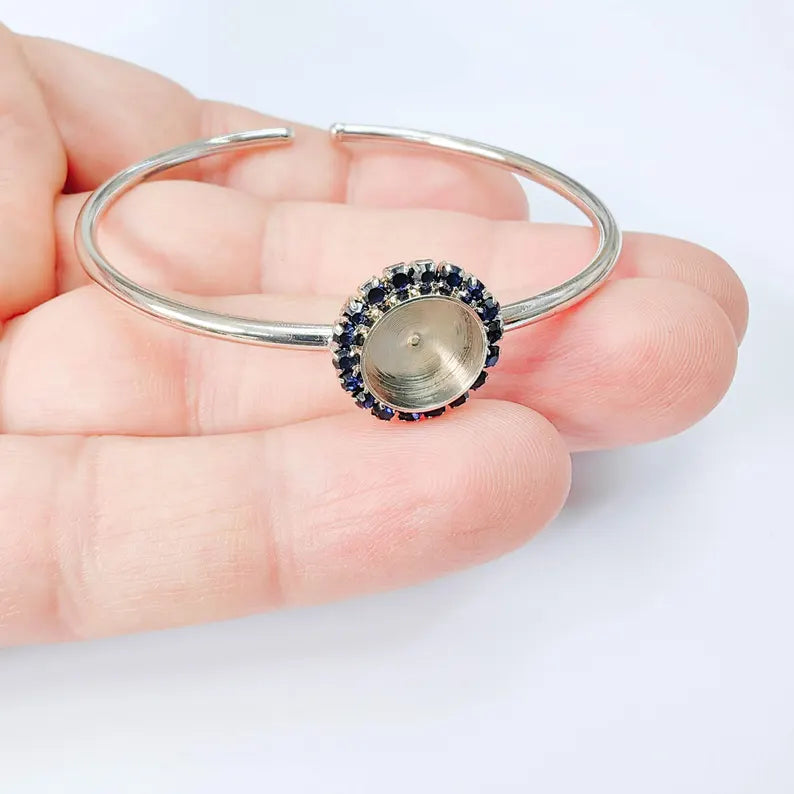 Dark Navy Blue Crystal Bangle Bracelet, Shiny Silver Adjustable Cuff, 10mm Bezel Jewelry Making Supplies, G37957