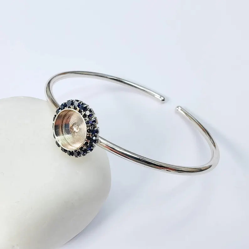 Dark Navy Blue Crystal Bangle Bracelet, Shiny Silver Adjustable Cuff, 10mm Bezel Jewelry Making Supplies, G37957