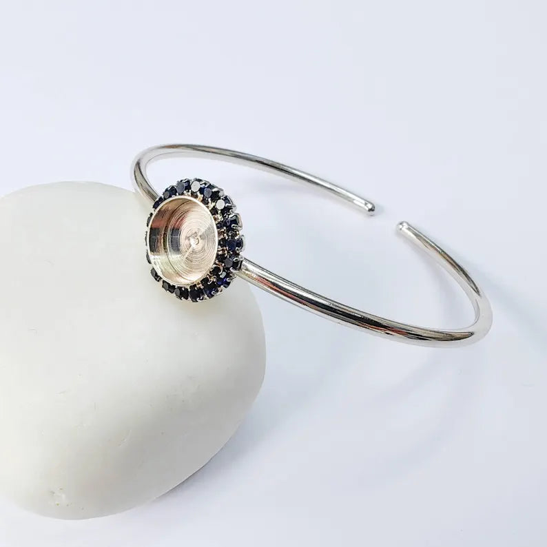 Dark Navy Blue Crystal Bangle Bracelet, Shiny Silver Adjustable Cuff, 10mm Bezel Jewelry Making Supplies, G37957