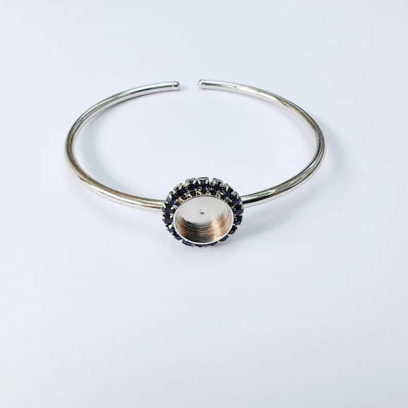 Dark Navy Blue Crystal Bangle Bracelet, Shiny Silver Adjustable Cuff, 10mm Bezel Jewelry Making Supplies, G37957