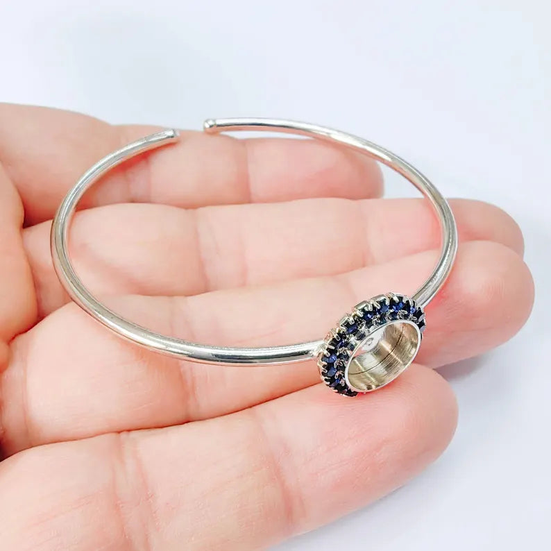 Dark Navy Blue Crystal Bangle Bracelet, Shiny Silver Adjustable Cuff, 10mm Bezel Jewelry Making Supplies, G37957