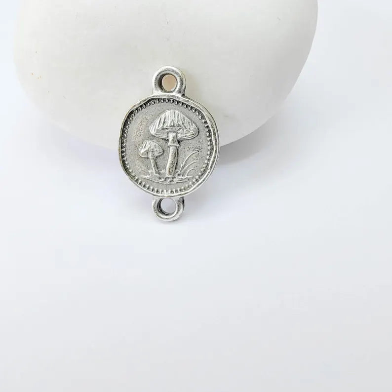 4 Mushroom Charm Connector, Double Sided Forest Nature Design, Antique Silver Plated, 20x13mm, G37910