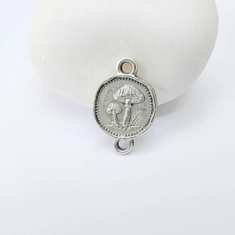 4 Mushroom Charm Connector, Double Sided Forest Nature Design, Antique Silver Plated, 20x13mm, G37910