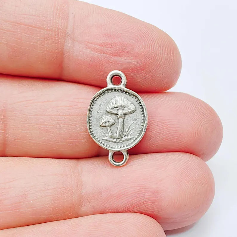 4 Mushroom Charm Connector, Double Sided Forest Nature Design, Antique Silver Plated, 20x13mm, G37910