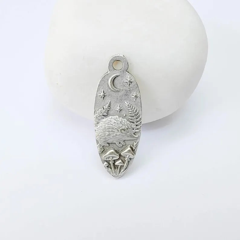 Hedgehog Charm Pendant, Double Sided Woodland Nature Design, 30x12mm, Antique Silver Plated G37911