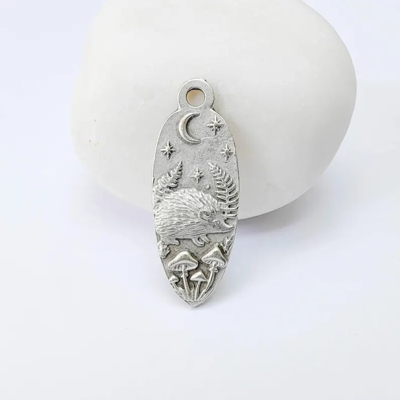 Hedgehog Charm Pendant, Double Sided Woodland Nature Design, 30x12mm, Antique Silver Plated G37911