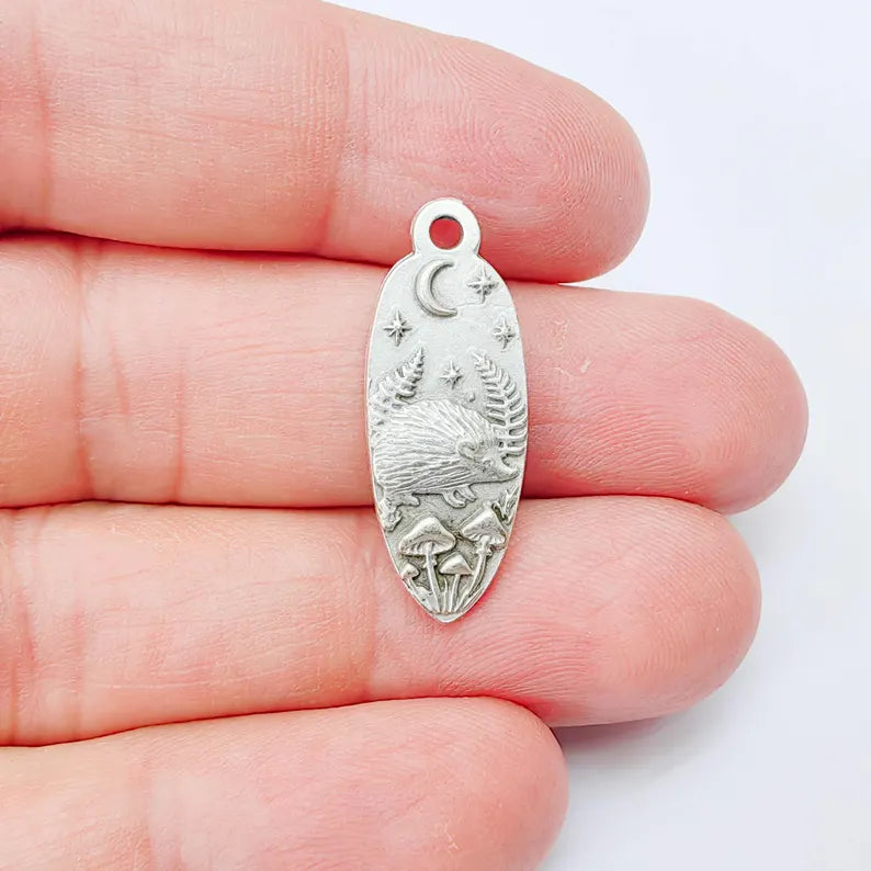 Hedgehog Charm Pendant, Double Sided Woodland Nature Design, 30x12mm, Antique Silver Plated G37911