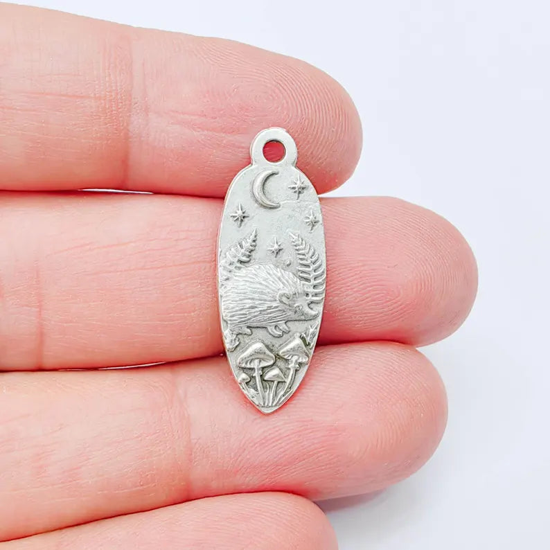 Hedgehog Charm Pendant, Double Sided Woodland Nature Design, 30x12mm, Antique Silver Plated G37911