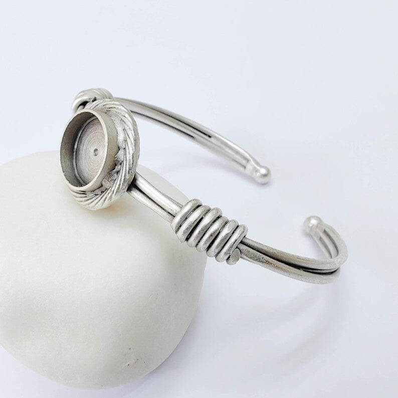 Adjustable Bracelet Blank, 12mm Round Bezel, Textured Frame Design, Open Cuff Base, G37914