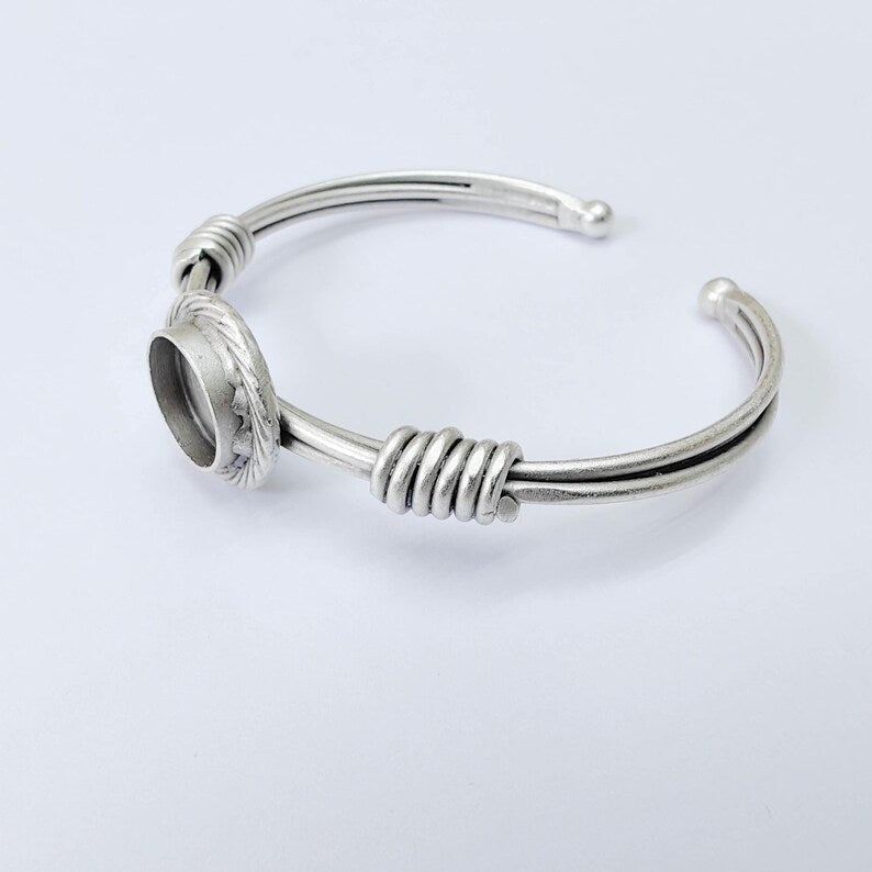 Adjustable Bracelet Blank, 12mm Round Bezel, Textured Frame Design, Open Cuff Base, G37914