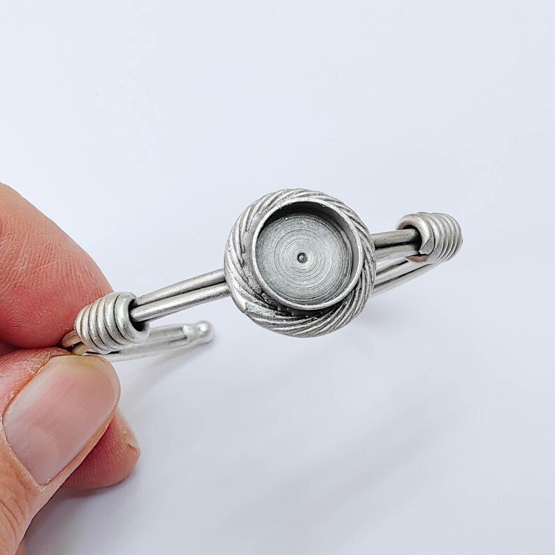 Adjustable Bracelet Blank, 12mm Round Bezel, Textured Frame Design, Open Cuff Base, G37914