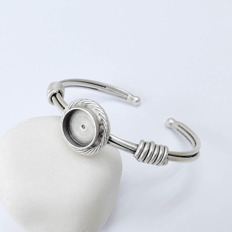 Adjustable Bracelet Blank, 12mm Round Bezel, Textured Frame Design, Open Cuff Base, G37914