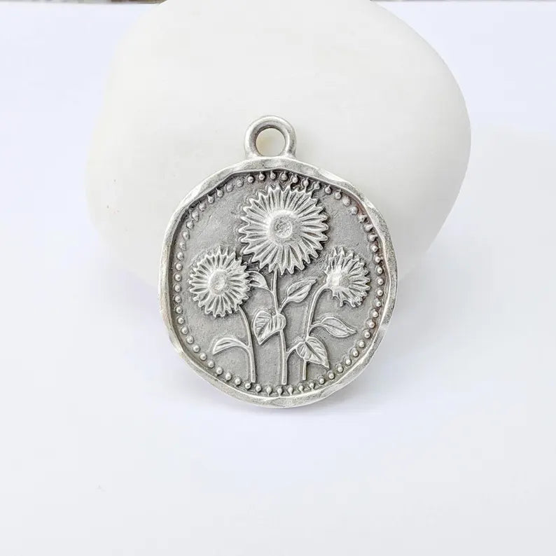 Sunflower Charm Pendant, Double Sided Botanical Floral Design, 28x24mm, Antique Silver Plated G37917