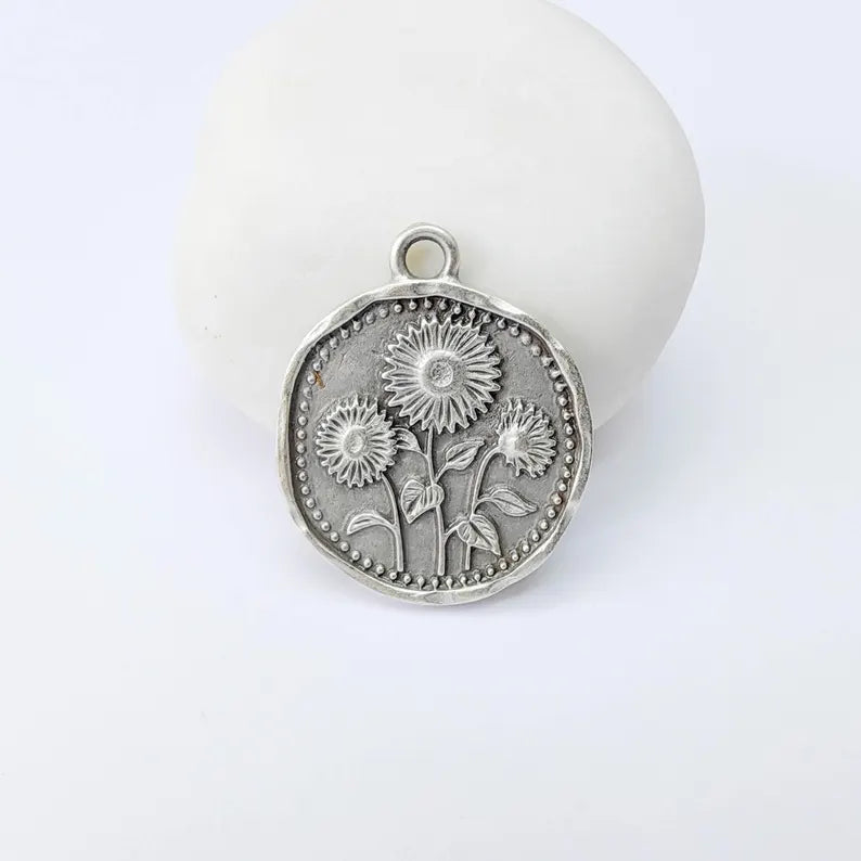 Sunflower Charm Pendant, Double Sided Botanical Floral Design, 28x24mm, Antique Silver Plated G37917