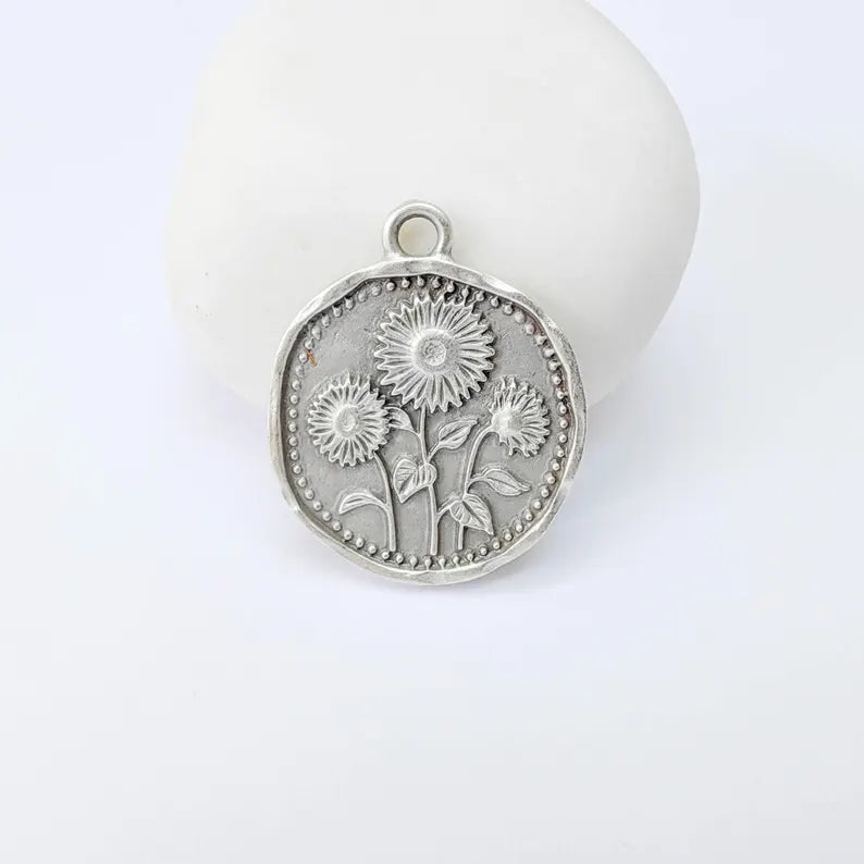Sunflower Charm Pendant, Double Sided Botanical Floral Design, 28x24mm, Antique Silver Plated G37917