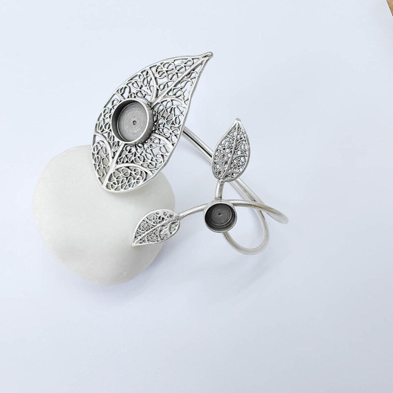 Adjustable Bracelet Blank, Leaf Design Bezel Cuff, 8mm 12mm Settings, Nature Inspired Bracelet, G37918