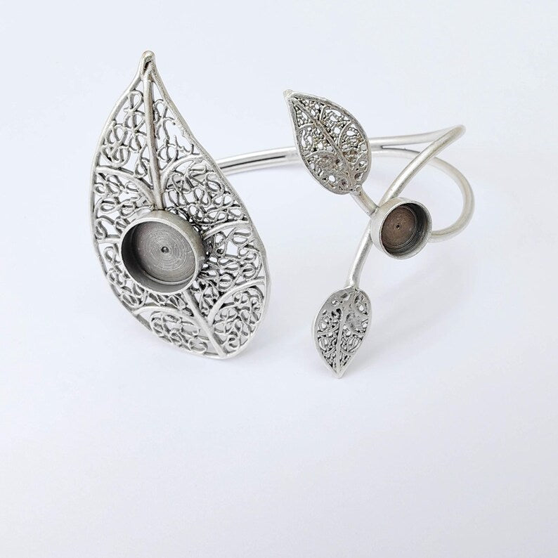 Adjustable Bracelet Blank, Leaf Design Bezel Cuff, 8mm 12mm Settings, Nature Inspired Bracelet, G37918
