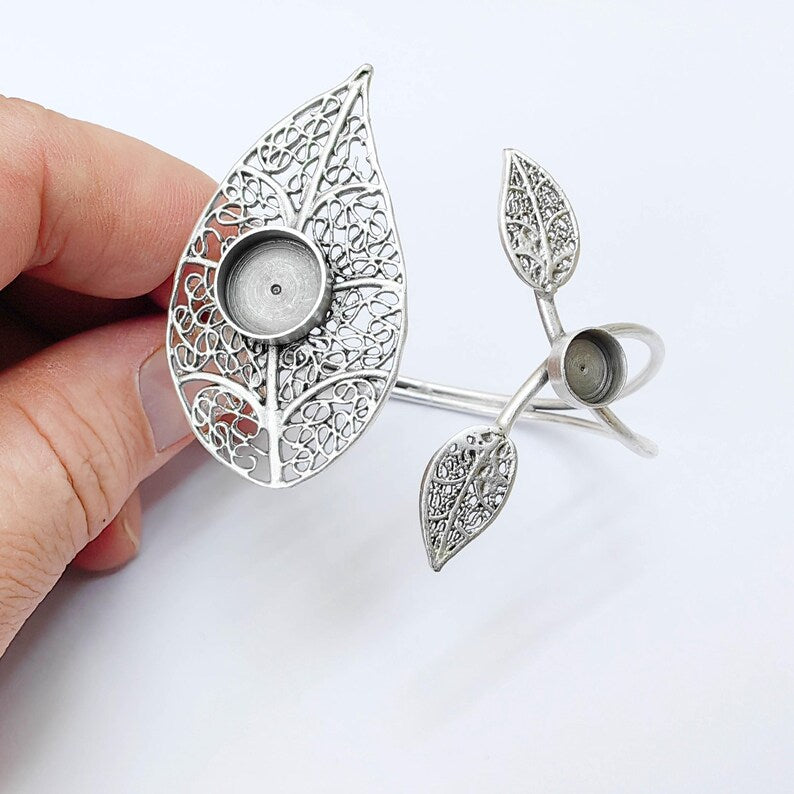 Adjustable Bracelet Blank, Leaf Design Bezel Cuff, 8mm 12mm Settings, Nature Inspired Bracelet, G37918
