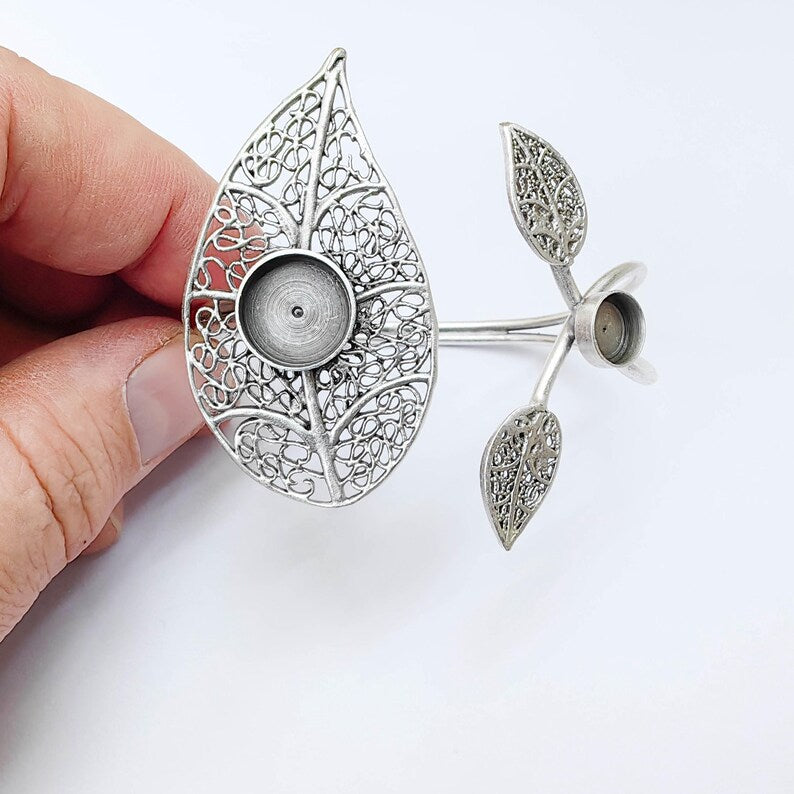 Adjustable Bracelet Blank, Leaf Design Bezel Cuff, 8mm 12mm Settings, Nature Inspired Bracelet, G37918