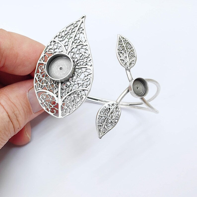 Adjustable Bracelet Blank, Leaf Design Bezel Cuff, 8mm 12mm Settings, Nature Inspired Bracelet, G37918