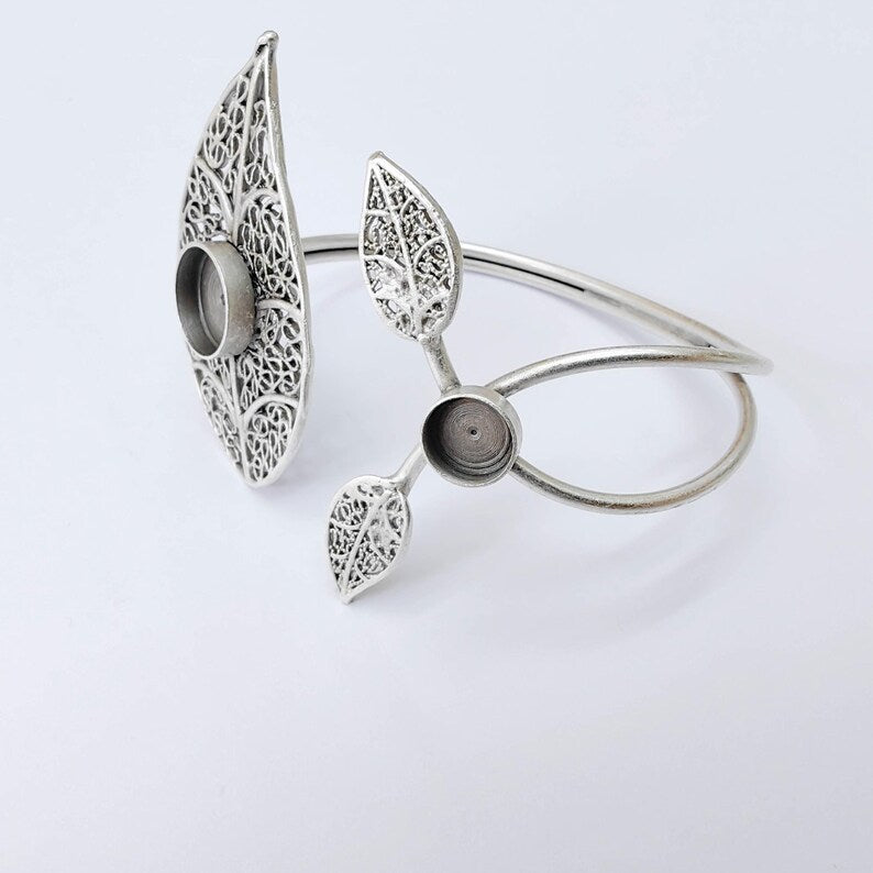 Adjustable Bracelet Blank, Leaf Design Bezel Cuff, 8mm 12mm Settings, Nature Inspired Bracelet, G37918
