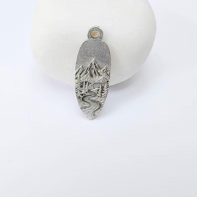 Mountain Landscape Charm Pendant, Double Sided Nature Design, Antique Silver Plated, 30x12mm, G37920
