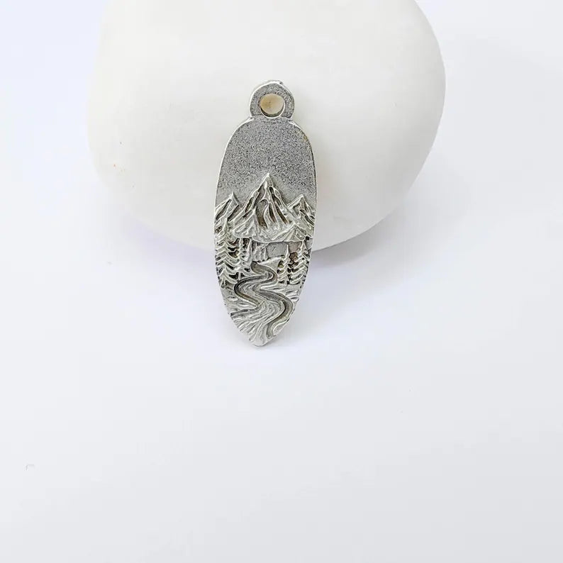 Mountain Landscape Charm Pendant, Double Sided Nature Design, Antique Silver Plated, 30x12mm, G37920