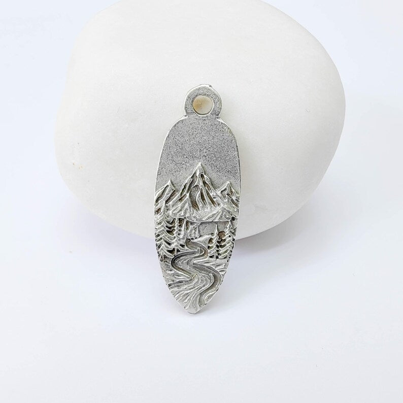 Mountain Landscape Charm Pendant, Double Sided Nature Design, Antique Silver Plated, 30x12mm, G37920