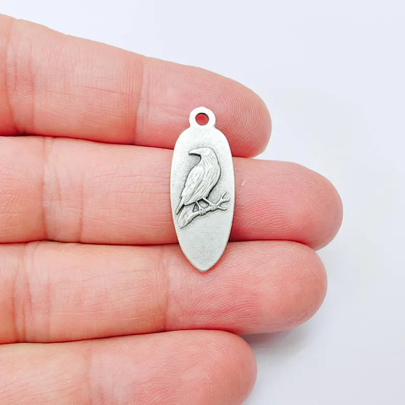 Raven Bird Charm Pendant, Double Sided Animal Design, Antique Silver Plated, 30x12mm, G37922