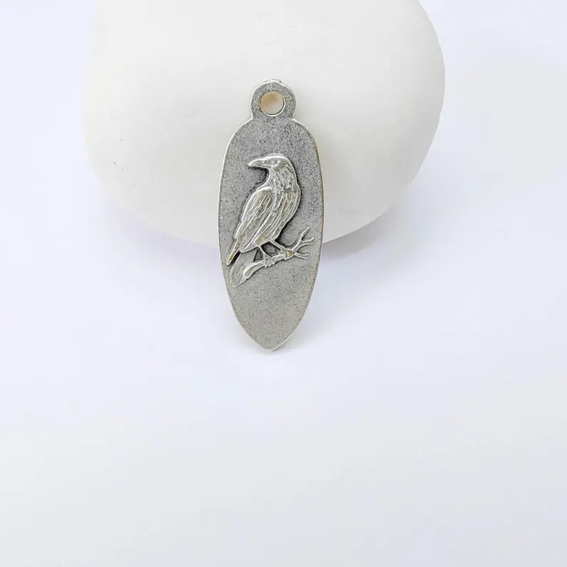 Raven Bird Charm Pendant, Double Sided Animal Design, Antique Silver Plated, 30x12mm, G37922