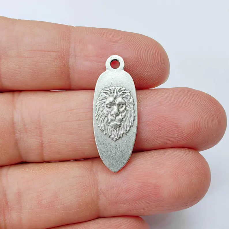 Lion Head Charm Pendant, Double Sided Animal Design, Antique Silver Plated, 30x12mm, G37924