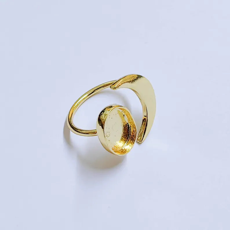 Crescent Moon Ring Blank Base Bezel Settings Cabochon Base Mountings Adjustable , Shiny Gold Plated Brass (11x8mm Blank) G37959