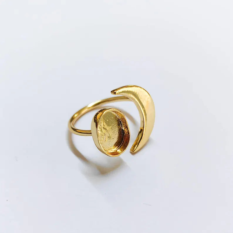 Crescent Moon Ring Blank Base Bezel Settings Cabochon Base Mountings Adjustable , Shiny Gold Plated Brass (11x8mm Blank) G37959