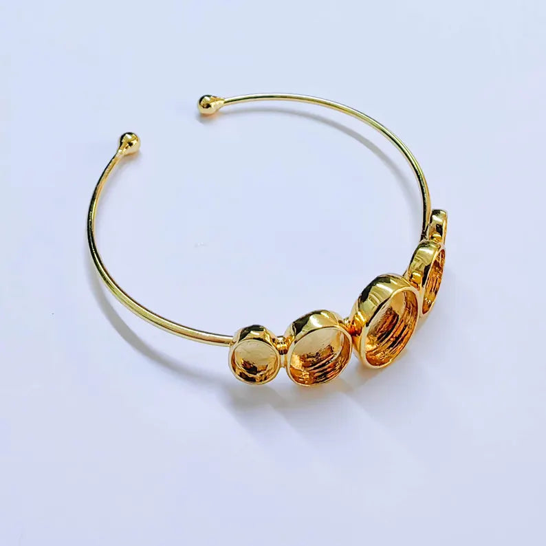 Adjustable Bracelet Blank, Multi Oval Bezel Cuff, 13x10mm 11x9mm 9x6mm Settings, Shiny Gold G37960
