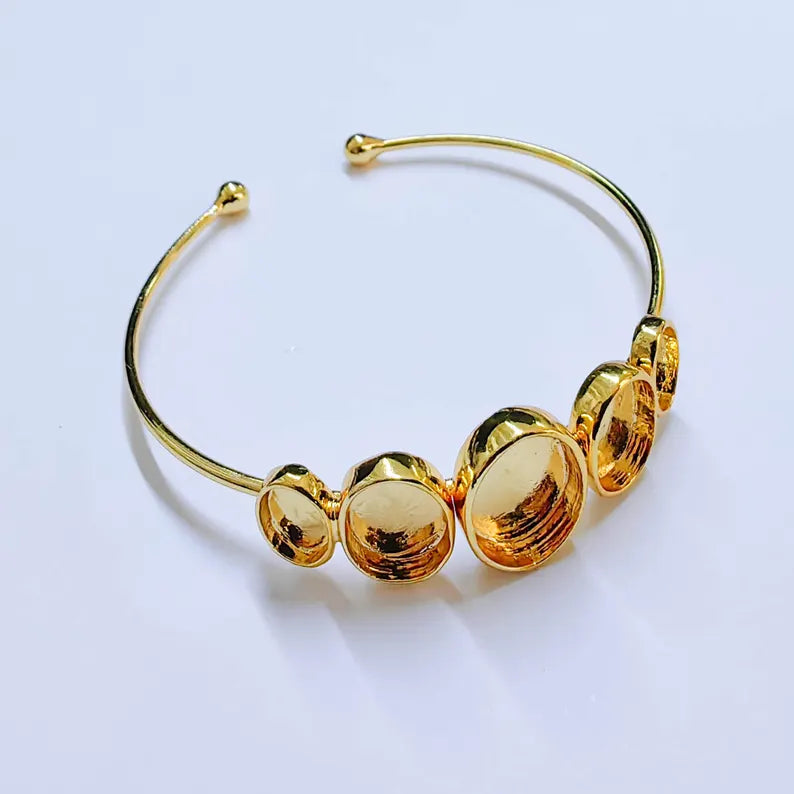 Adjustable Bracelet Blank, Multi Oval Bezel Cuff, 13x10mm 11x9mm 9x6mm Settings, Shiny Gold G37960