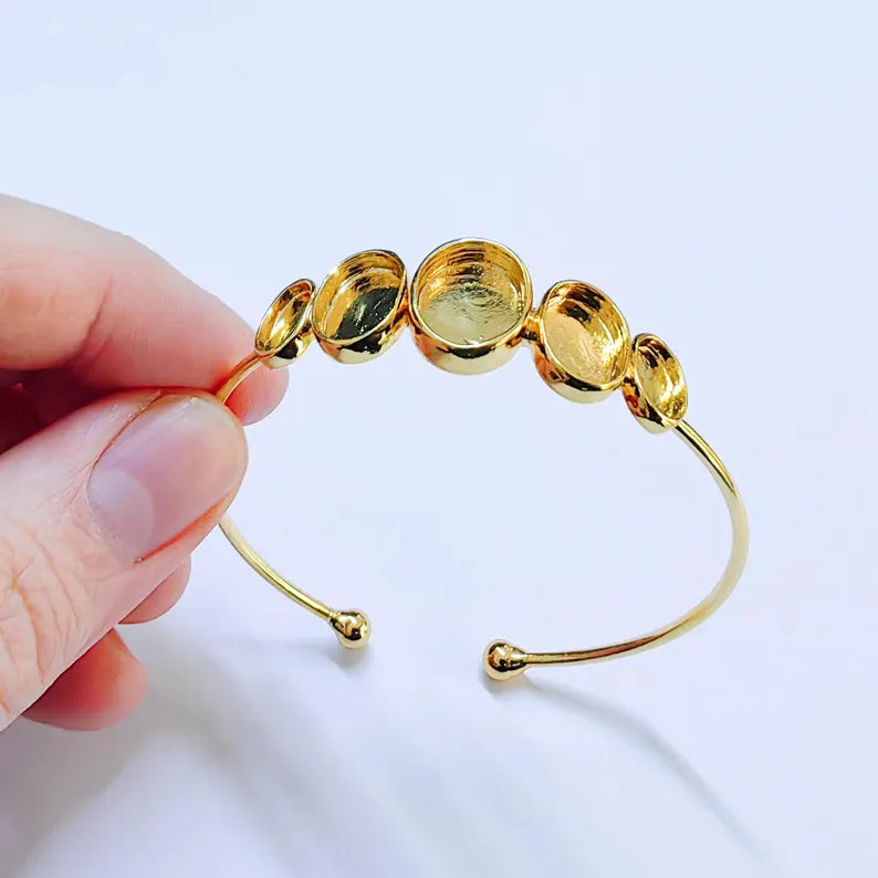 Adjustable Bracelet Blank, Multi Oval Bezel Cuff, 13x10mm 11x9mm 9x6mm Settings, Shiny Gold G37960