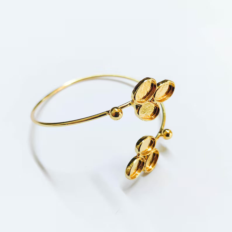 Shiny Gold Bracelet, Bangle Bezel, Wrap Cuff Blank Cabochon Base Adjustable Brass (9x6mm) G37962