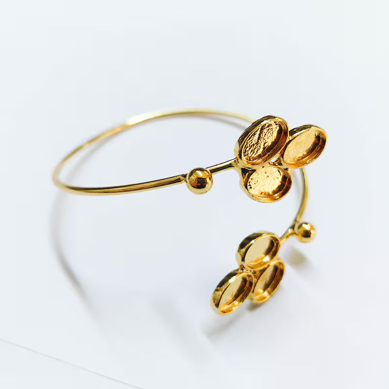 Shiny Gold Bracelet, Bangle Bezel, Wrap Cuff Blank Cabochon Base Adjustable Brass (9x6mm) G37962