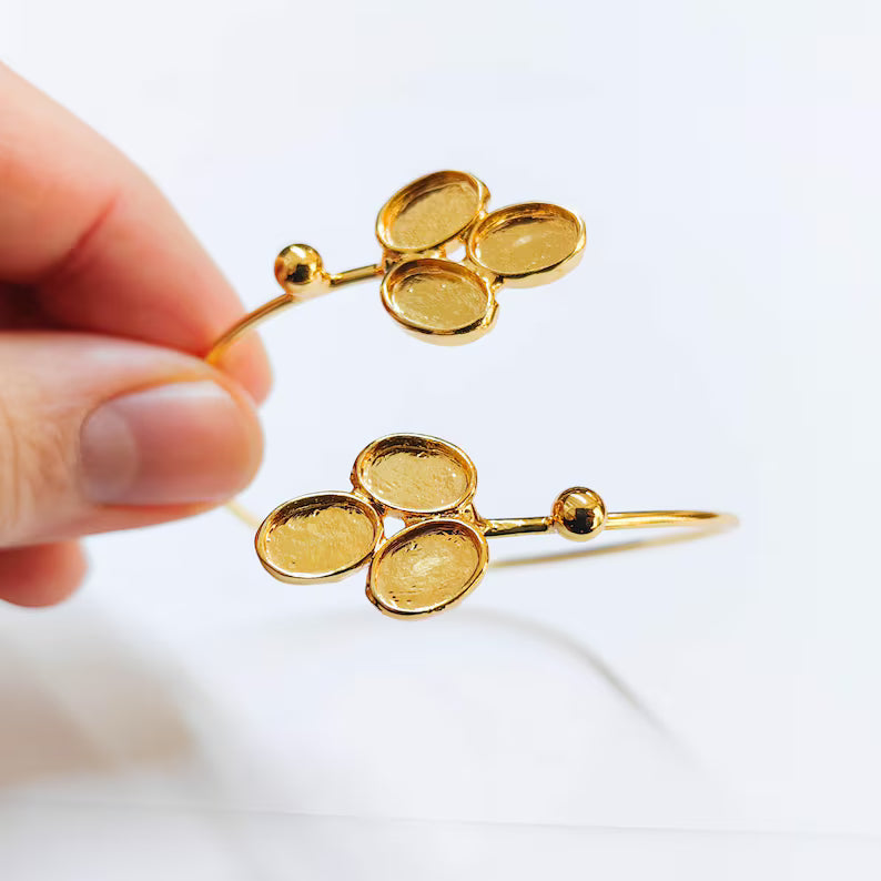 Shiny Gold Bracelet, Bangle Bezel, Wrap Cuff Blank Cabochon Base Adjustable Brass (9x6mm) G37962