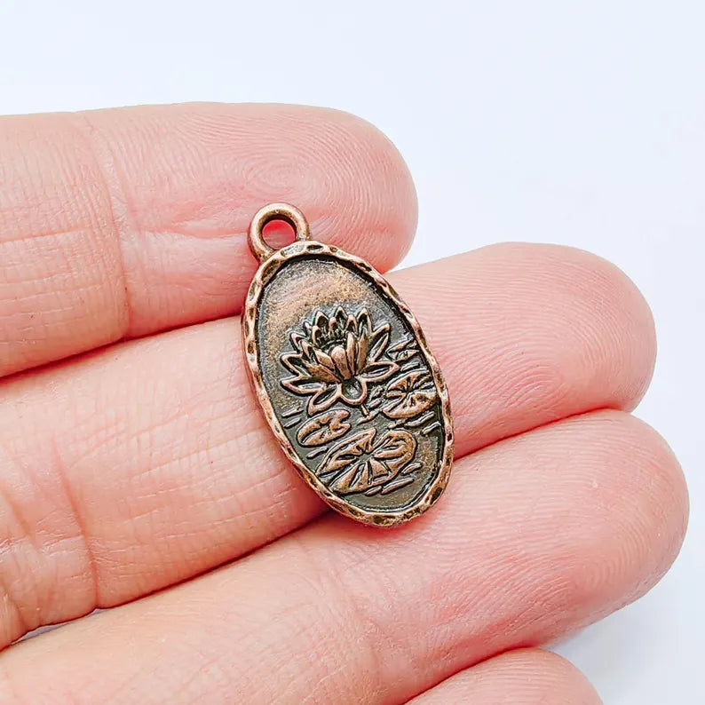 Lotus Flower Charm Pendant, Double Sided Botanical Water Lily, 25x13mm, Antique Copper Plated G37965
