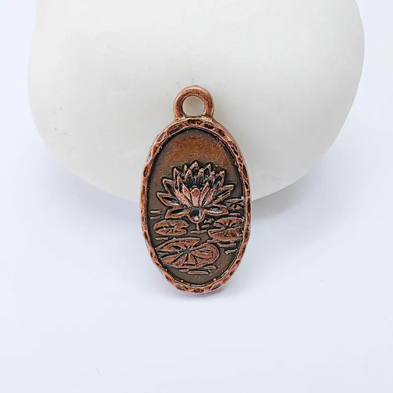 Lotus Flower Charm Pendant, Double Sided Botanical Water Lily, 25x13mm, Antique Copper Plated G37965