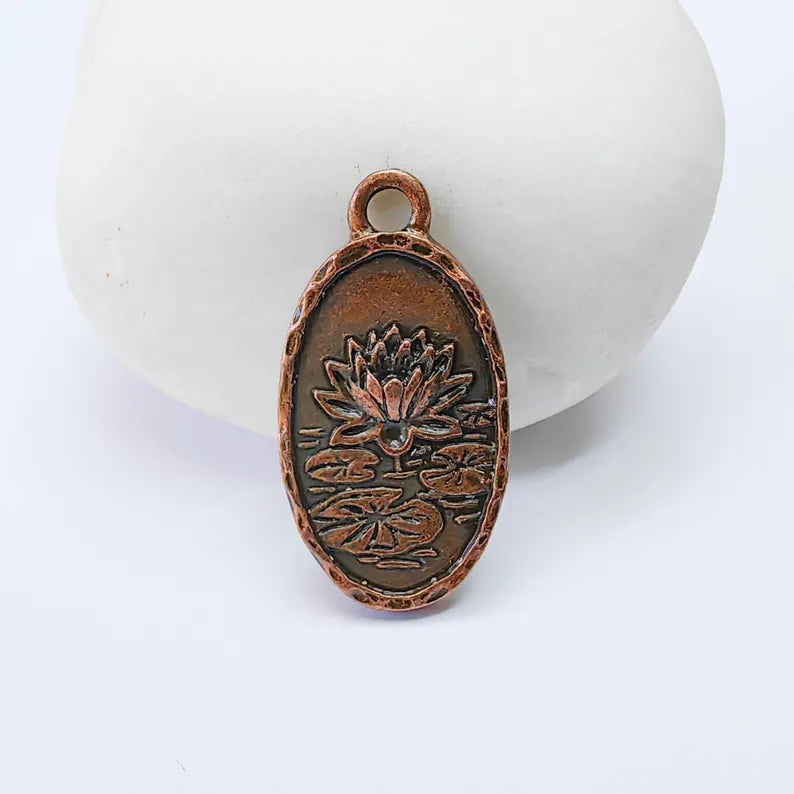 Lotus Flower Charm Pendant, Double Sided Botanical Water Lily, 25x13mm, Antique Copper Plated G37965