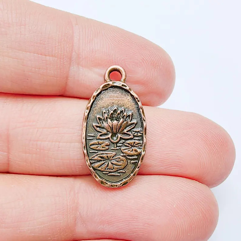 Lotus Flower Charm Pendant, Double Sided Botanical Water Lily, 25x13mm, Antique Copper Plated G37965