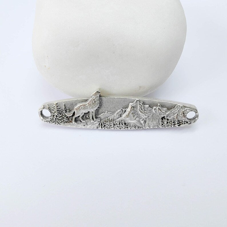 Wolf Mountain Connector Charm, Forest Landscape Design, Antique Silver Plated, Bar Shape, 43x11mm, G37927