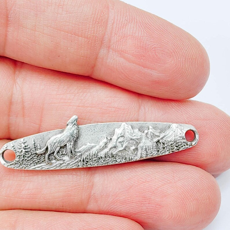 Wolf Mountain Connector Charm, Forest Landscape Design, Antique Silver Plated, Bar Shape, 43x11mm, G37927