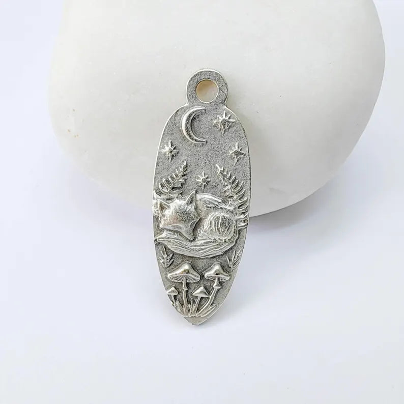 Sleeping Fox Moon Charm Pendant, Double Sided Woodland Design, Antique Silver Plated, 30x12mm, G37929