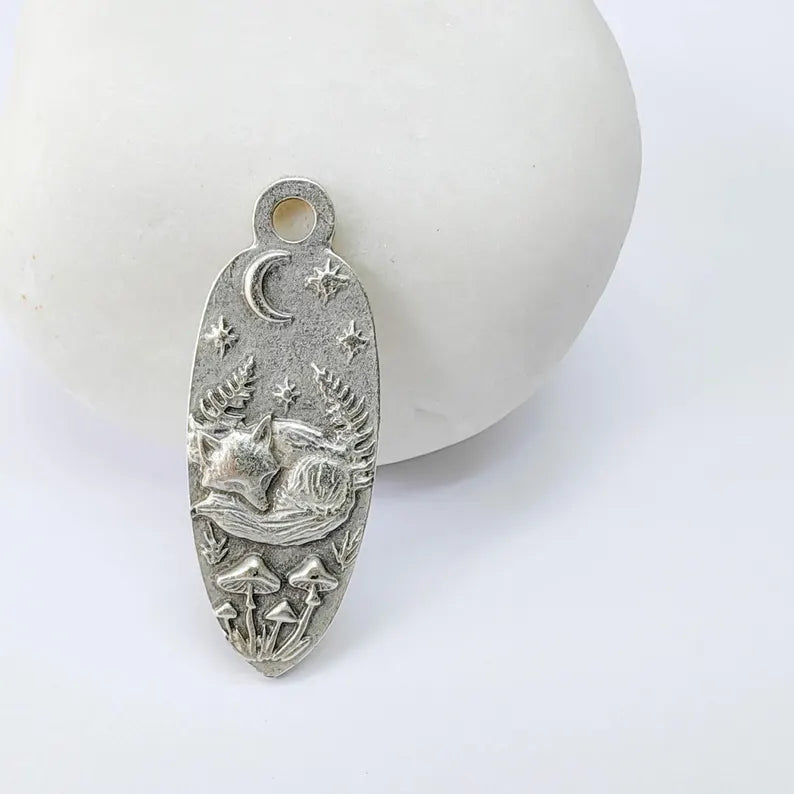 Sleeping Fox Moon Charm Pendant, Double Sided Woodland Design, Antique Silver Plated, 30x12mm, G37929