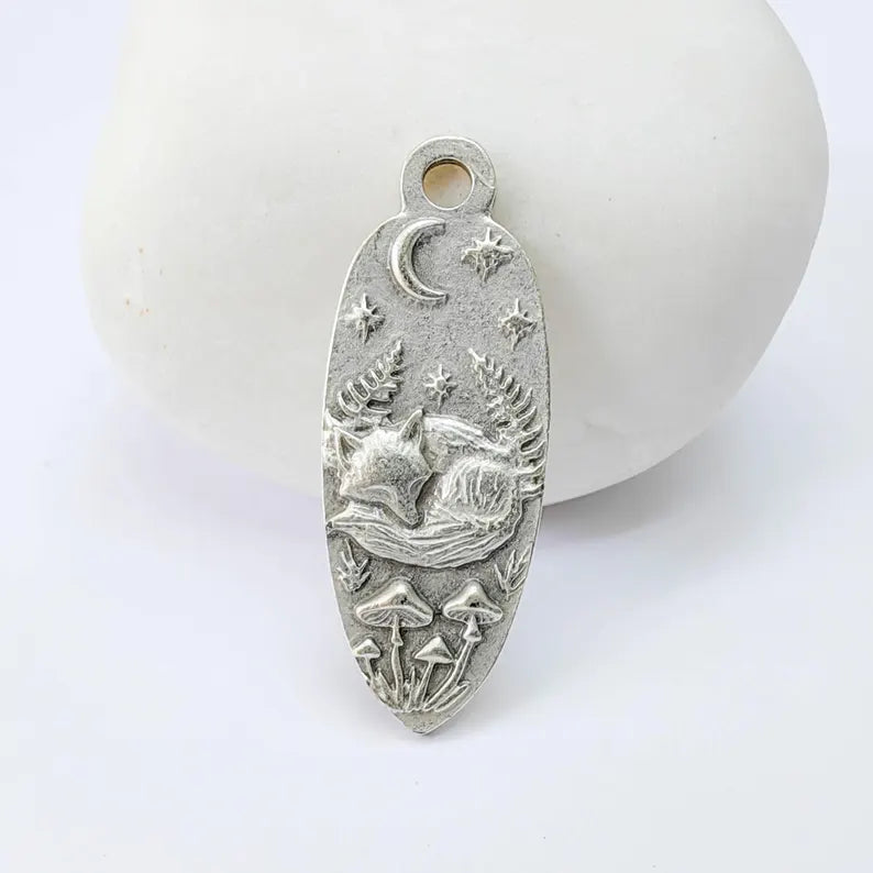 Sleeping Fox Moon Charm Pendant, Double Sided Woodland Design, Antique Silver Plated, 30x12mm, G37929